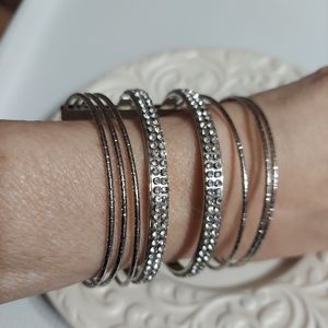 Textured Silver Tone/Multi-Band Faceted Crystal Cuff Bracelet